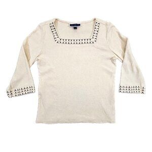 Karen Scott Embellished Square Neck Sweater Small Taupe Long Sleeve Old Money